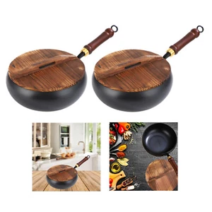 Traditioneller Eisen Wok Keine Beschichtung mit Holzdeckel Kochtopf Chinesischer - Bild 1 von 15