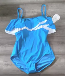 $136. COCO REEF D Cup 14 38D One Piece Swimsuit Ruffle Azure Blue Strapless NEW - Picture 1 of 8