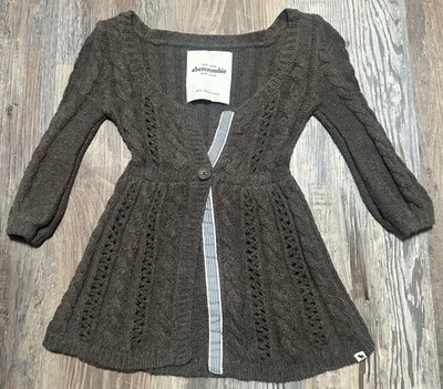 Cardigã suéter Abercrombie infantil meninas marrom malha cabo tamanho pequeno Y2K 07-09 - Imagem 1 de 4