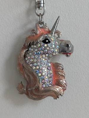 Unicorn Keyring Bag Charm Crystal Rhinestone Silver Tone Iridescent Bling Gift - Image 1 of 3