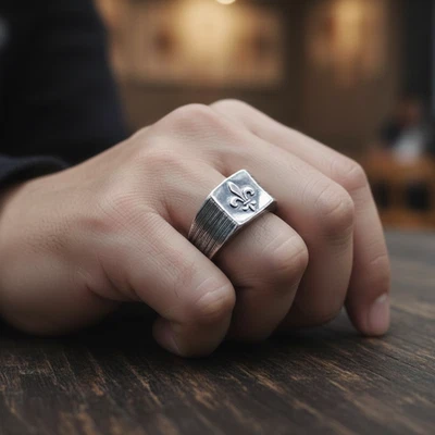 Chevalière Fleur de Lys Argent 925 Vieilli – Bague Royale Mixte – Tailles 58/ 64 - Photo 1/4