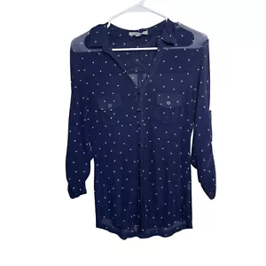Papaya Blouse Women's Medium Navy Blue Button Up 3/4 Sleeve Top Sheer Shirt - Picture 1 of 8