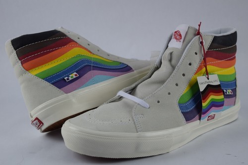 NUOVE scarpe da uomo Vans Sk8 Hi Pride bianche in tela taglia 13 skateboard arcobaleno