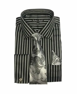 Nueva Camisa de Vestir de Moda a Rayas para Hombre con Corbata y Pañuelo Gemelos Franceses 6 Colores Foto 1 de 4