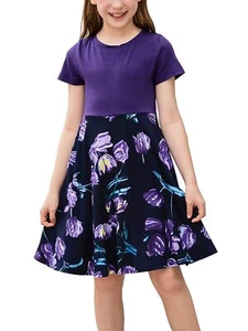 Girl's Short Sleeve Floral Print Casual Fit and Flare Party Dress with Pocket... - Picture 1 of 7