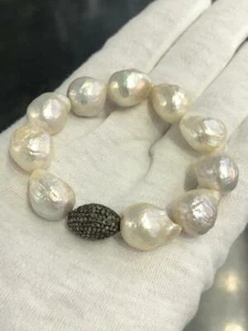 Pearls & Natural Diamonds Round Bead Pave Diamond Stretch Stack Bracelet Gift - Picture 1 of 9