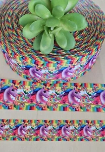 7/8 & 1.5" (1 YD) Unicorn Grosgrain Ribbon Rainbows Lollipop Hair Bow Ribbon - Picture 1 of 1