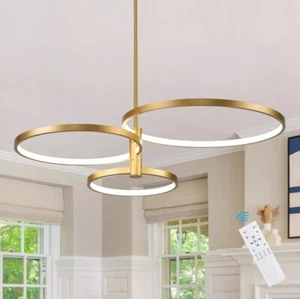 Gold 3-Ring Chandelier, 55W Remote Control Dimmable LED Chandelier - Picture 1 of 6