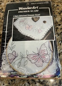 UnSealed WonderArt 1320 Dresser Scarf Stamped Fabric Kit Butterfly With Leaves - Picture 1 of 5