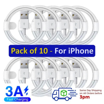 Pack of 10 iPhone Fast Charger Cable Lead For 6 7 8 X XS XR 11 12 13 14 Pro Max - Image 1 of 4