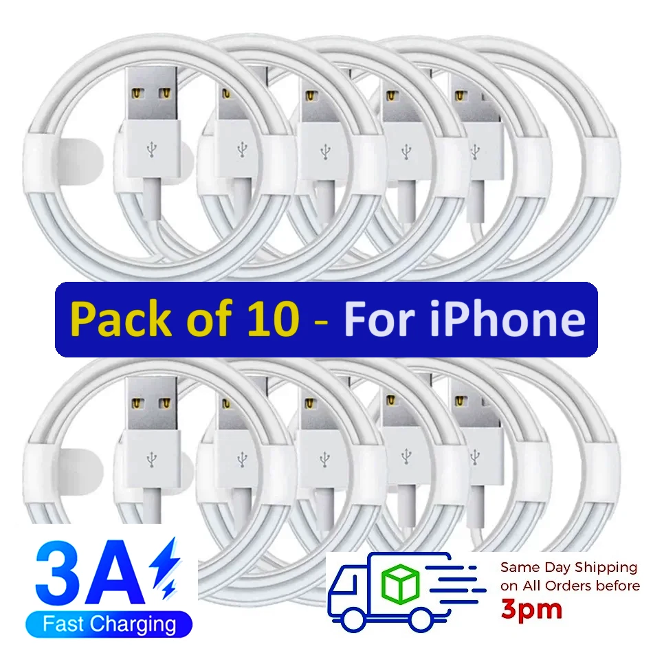 Pack of 10 iPhone Fast Charger Cable Lead For 6 7 8 X XS XR 11 12 13 14 Pro Max - Image 1 of 4