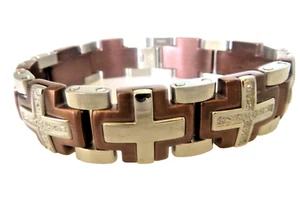 Men's Stainless Steel & Brown Plated Cross CZ Design Bracelet 9 Inches Long - Picture 1 of 5