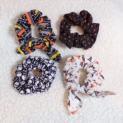 Girl's Halloween Hair Scrunchies Lot of 4 Handmade Whimsical Witch Skulls Goth - Image 1 of 4