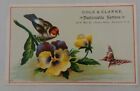 VICTORIAN TRADE CARD Cole & Clarke Fashionable Hatters Flowers Bird Butterfly 