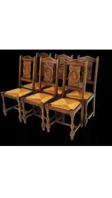 Juego de 6 sillas de comedor bretonas francesas paneles de roble tallado Foto 1 de 3