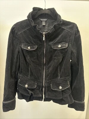 White House Black Market Black Corduroy Jacket Size 8 Ruffle Hem Zip Pockets  - Image 1 of 4