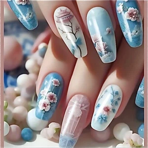 24pc Blue Pink Flowers Floral Sakura Cherry Blossom Press On Nails Long Ballet - Picture 1 of 5
