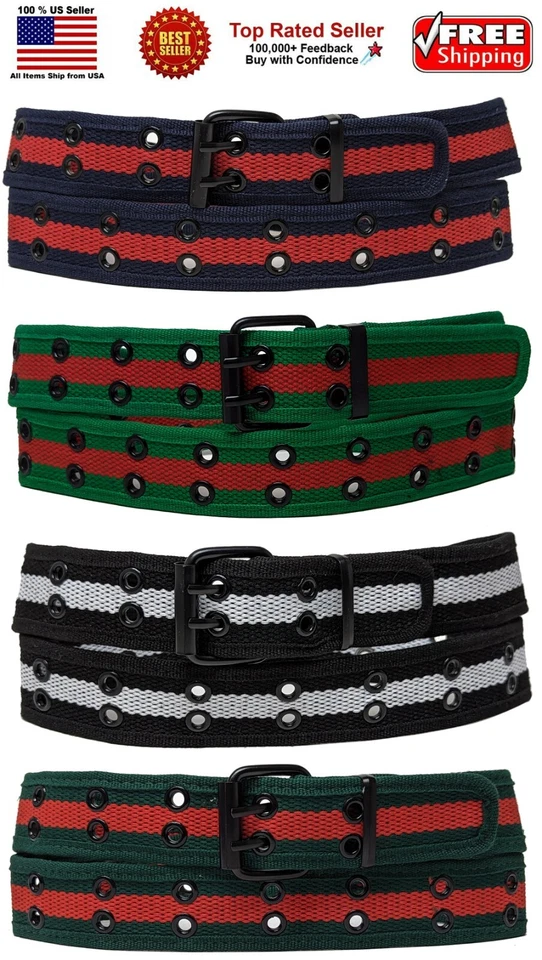 Color Stripes 2 Holes Row Grommet Stitched Canvas Fabric Military Web Belt - Image 1 of 1