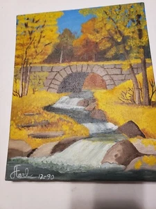 Babbling Brook In Spring Vintage Oil On Canvas 1990 Signed Folk Art - Picture 1 of 6
