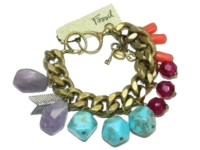 Fossil Multicolor Bead Chain Bracelet Goldtone Multicolor New! NWT - Image 1 of 3