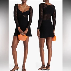 NUEVO Mini Vestido Staud Jocelyn Punto Mixto Crochet Mangas Largas Negro Talla L - Imagen 1 de 7