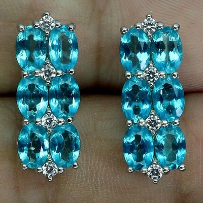 925 Sterling Silver Earrings Oval Paraiba Blue Topaz 6x4mm Gemstone Jewelry - Image 1 of 4