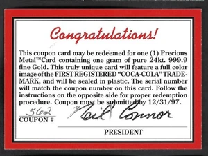 COLLECT-A-CARD EXPIRED GOLD CARD REDEMPTION (unused) COCA-COLA PREMIUM 1997 - Picture 1 of 4