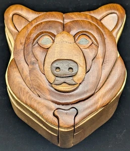 Geschnitztes Holz Bär Puzzle Secret Stash Schmuckkästchen Grizzly Handarbeit - Bild 1 von 10