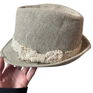 Sombrero Fedora blanco tostado con ribete de encaje de paja OSFA SIN MARCA - Imagen 1 de 3