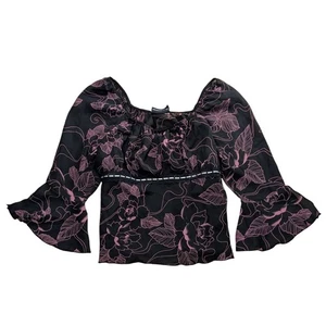 Vintage Fashion Bug Y2K Top Dark Floral Fairy Bell Sleeve Square Women's Small ? - Picture 1 of 5