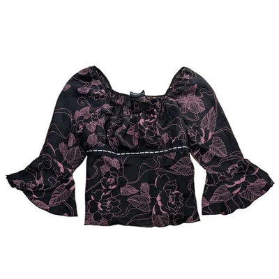 Vintage Fashion Bug Y2K Top Dark Floral Fairy Bell Sleeve Square Women's Small ? - Image 1 of 4