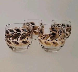 4 ~ Vintage Federal Glass Roly Poly MCM Barware Gold Laurel Leaf Black 6 Oz - Picture 1 of 6