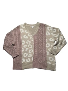 Cato Übergröße 20-22 Colorblock Leopard & Zopfmuster Pullover Kuschel V-Ausschnitt Pulli - Bild 1 von 5