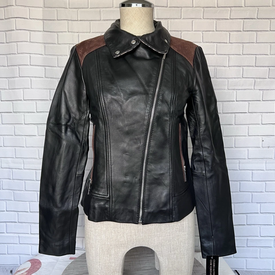 NWT Bernardo Genuine Leather Mixed Media Animal Print Black Moto Jacket MSRP$415 - Image 1 of 4