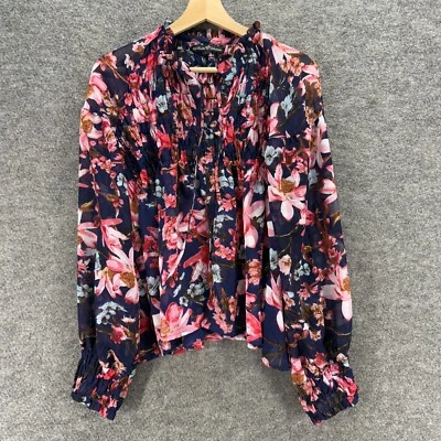 Attitude Blouse Women XL Blue Floral V-Neck Tasseled Long Sleeve Pullover Casual - Image 1 of 4