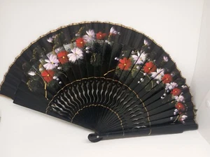 "Ventilatore pieghevole vintage dipinto a mano in seta, bambù e smalto 8,25 x 15"" - Foto 1 di 7