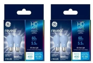 GE Reveal A15 Light Bulbs LED 60W Replacement 400 Lumens Ceiling Fan 4 Bulbs - Picture 1 of 4