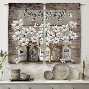 Farmhouse Floral Kitchen Curtains Daisy Rustic Vintage Flower Inspirational Smal - Picture 1 of 9