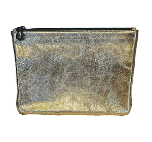 Marc Jacobs Metallic Gold Leather Zippered Cosmetic Bag Clutch 9.5"×7" - Picture 1 of 5