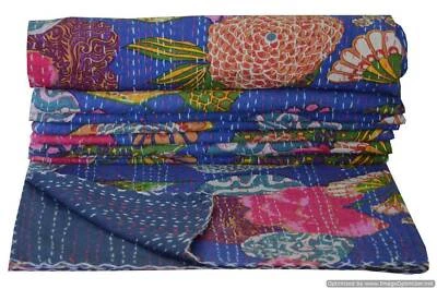 Blue Kantha Quilt Floral Gudri Handmade Queen Bedspreads Throw Ralli - Image 1 of 4