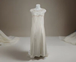 Vintage PAULINES TROUSSEAU Lingerie Nightgown M Long Ivory Satin Lace Sleeveless - Picture 1 of 12