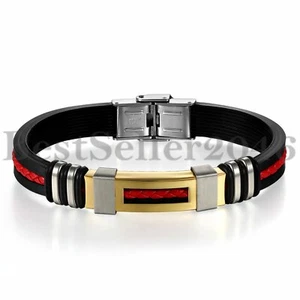 Men Stainless Steel Black Silicone Bracelet Inlaid with Red Braided Leather 8.5“ - Picture 1 of 15