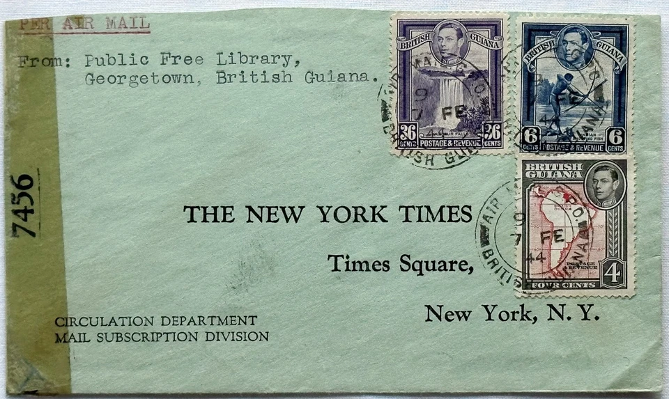 Historia Postal Correo Aéreo Cubierta Censurada Guayana Británica a Nueva York Foto 1 de 3