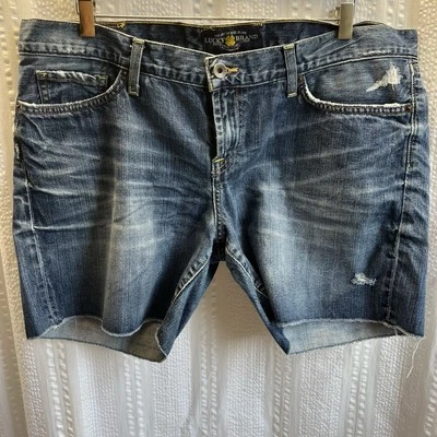 Lucky Brand Shorts Womens 14/32 Blue Denim Riley Frayed Hem Whisker Distress - Image 1 of 4