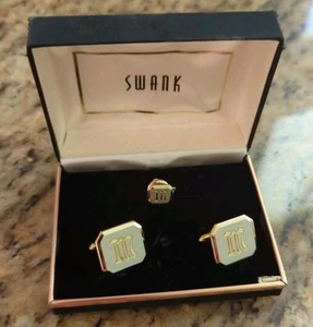 Swank Manschettenknöpfe und Krawattennadel Set goldfarben Vintage monogrammiert mit Buchstabe M - Bild 1 von 6