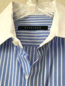 Sean John Men's Dress Shirt, Blue/White Stripes, French Caff, 15.5 x 32/33 - Picture 1 of 6