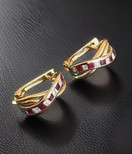 Ruby Diamond Earrings Hoops in 9ct Yellow Gold Princess Cut Two Tone Leverback - Picture 1 of 13