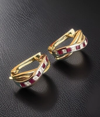 Ruby Diamond Earrings Hoops  9ct in Yellow Gold Princess Cut Two Tone Leverback - Image 1 of 4