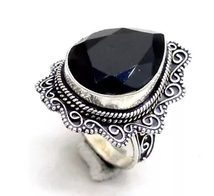 925 Sterling Silver Black Spinel Gemstone Jewelry Vintage Ring (US) Size-8 - Picture 1 of 2