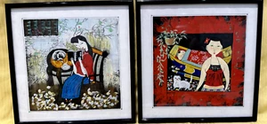 Pair Chinese Traditional Prints of Chinese Women - 20cm x 20cm - Framed & Glazed - Picture 1 of 6